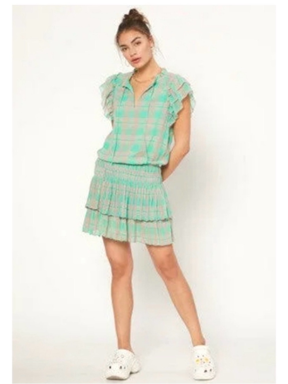 Current Air Green Plaid mini dress tiered ruffle smocked drop waist small